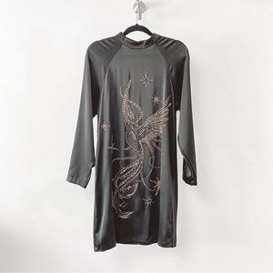 H&M Celetsial Bird Embellished Fall NYE Chic Long Sleeve Casual Satin Mini Dress